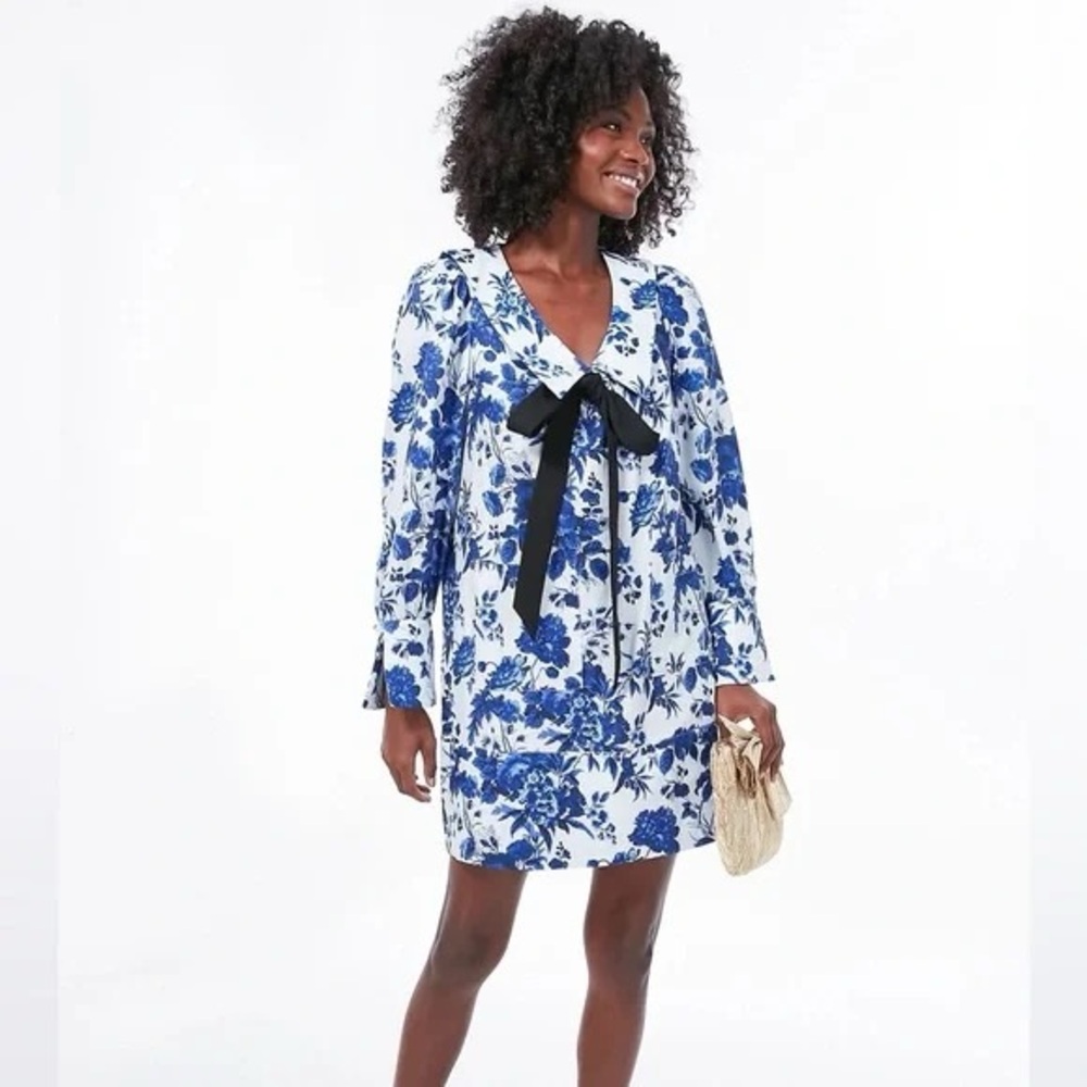 Floral Blue and White Dress with Black Bow